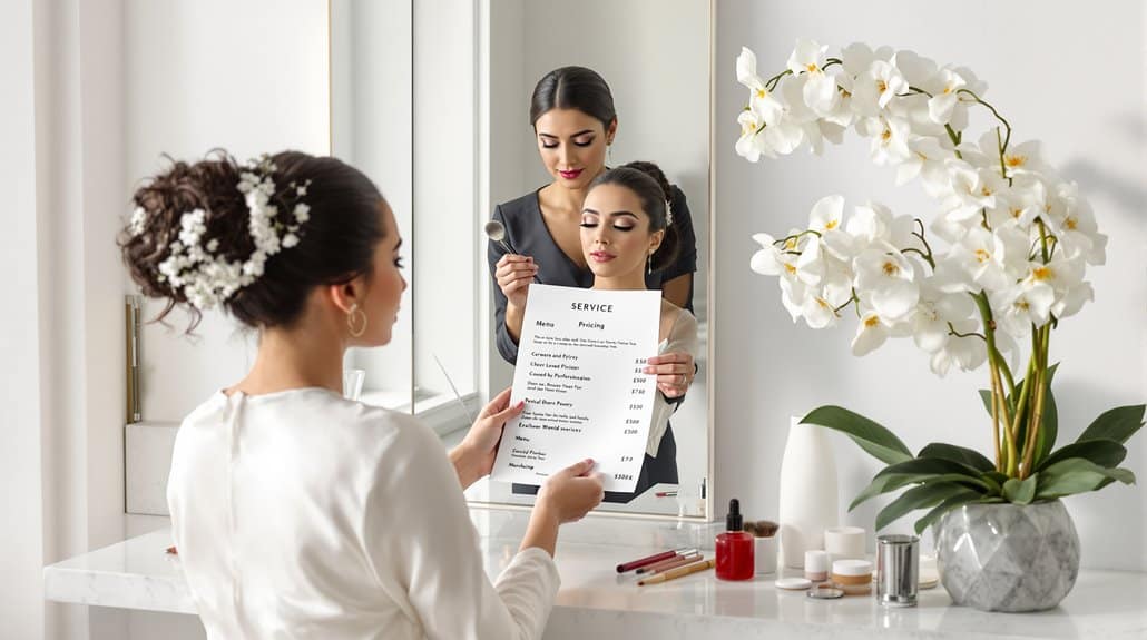 Bride receiving professional makeup consultation at elegant wedding venue.