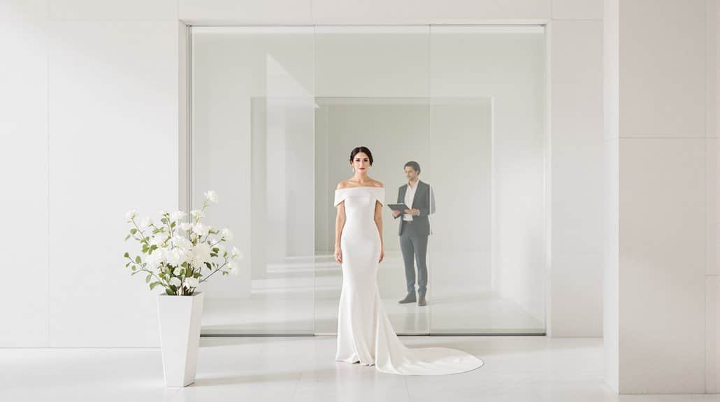 Bride in elegant white wedding dress with groom in modern venue setting.