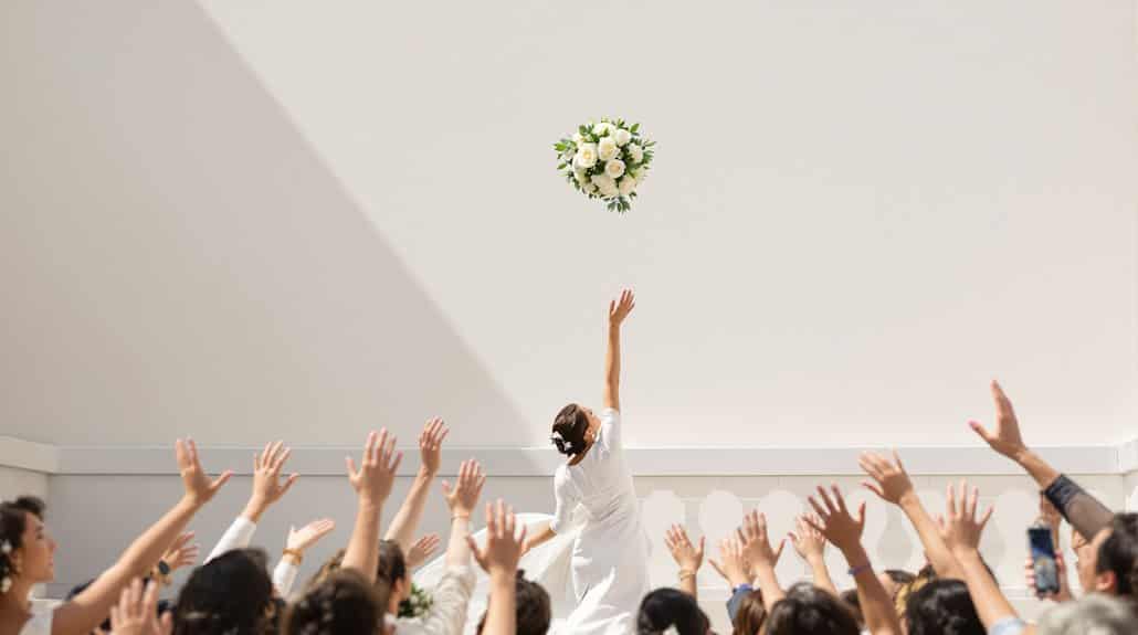 Wedding bouquet toss, guests reaching to catch the bouquet at an elegant wedding.