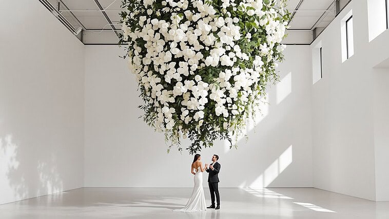 Bride and groom exchanging vows under a large floral chandelier at a modern wedding venue.
