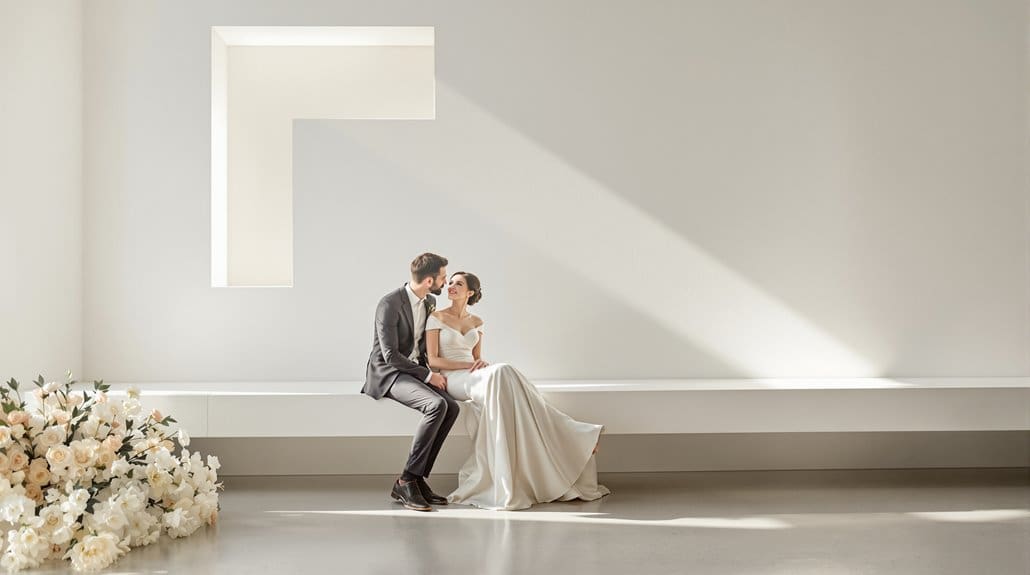 Elegant wedding couple sitting on a minimalist white bench.