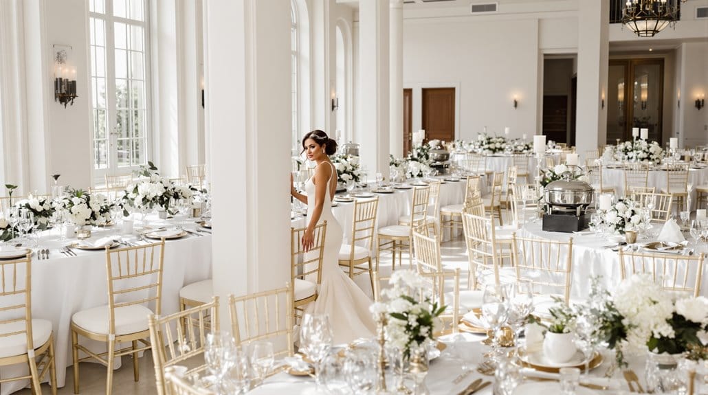 Elegant wedding reception with white floral arrangements and luxurious table settings.