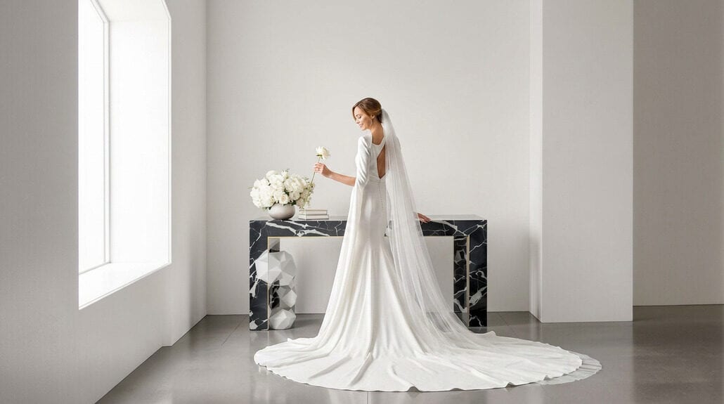 Elegant wedding bridal gown with flowing train and minimalist design.