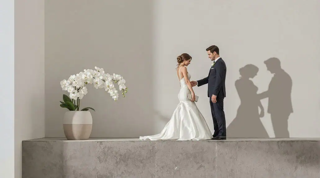 Bride and groom holding hands during wedding ceremony with minimalist background.