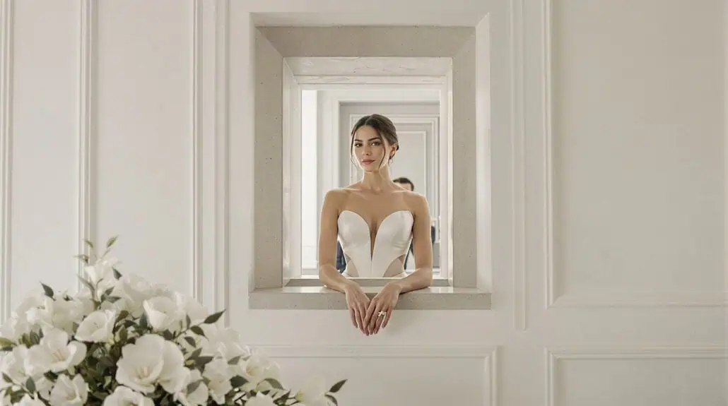 Bridal portrait of a bride in a strapless wedding gown with a deep V neckline, standing in a classic.