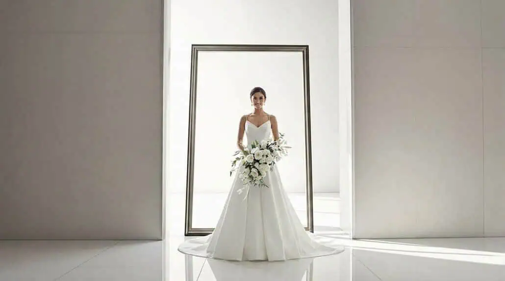 Bride in wedding gown holding bouquet, standing in modern minimalist setting.