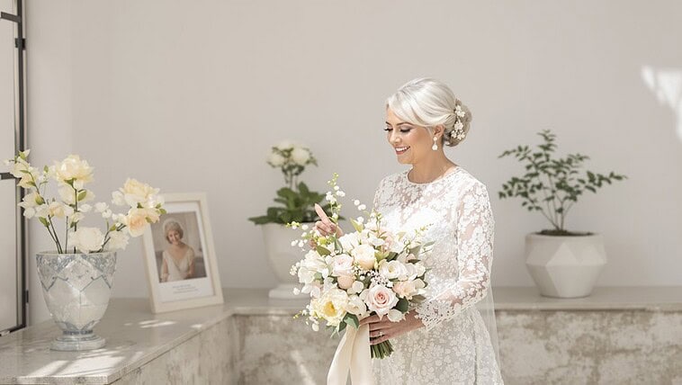 Bride holding a beautiful wedding bouquet in an elegant wedding dress.