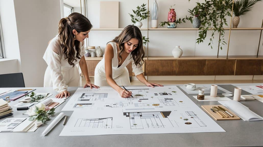 Wedding planners collaborating on elegant wedding design and decor.