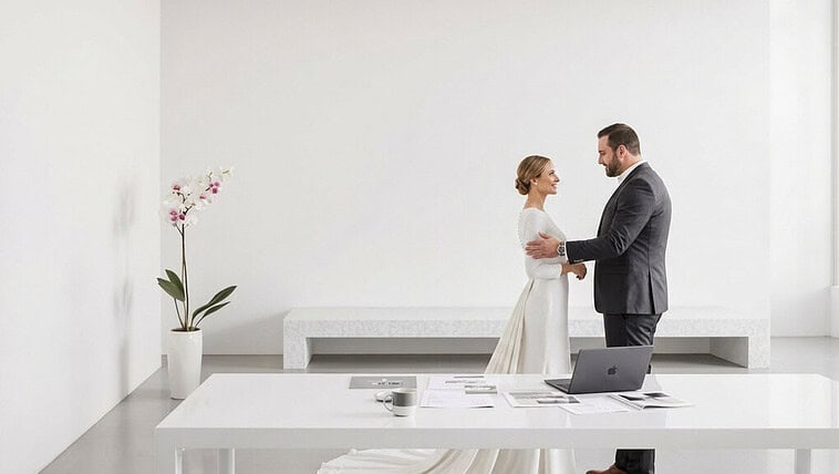Bride and groom exchanging vows in a modern, minimalist wedding setting.