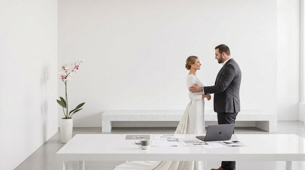 Bride and groom exchanging vows in a modern, minimalist wedding setting.