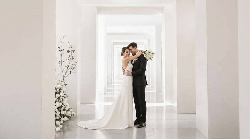 Bride and groom standing in a bright, modern wedding venue with white walls and floral decor.