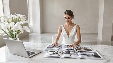 Bride reviewing wedding magazine for elegant wedding ideas.