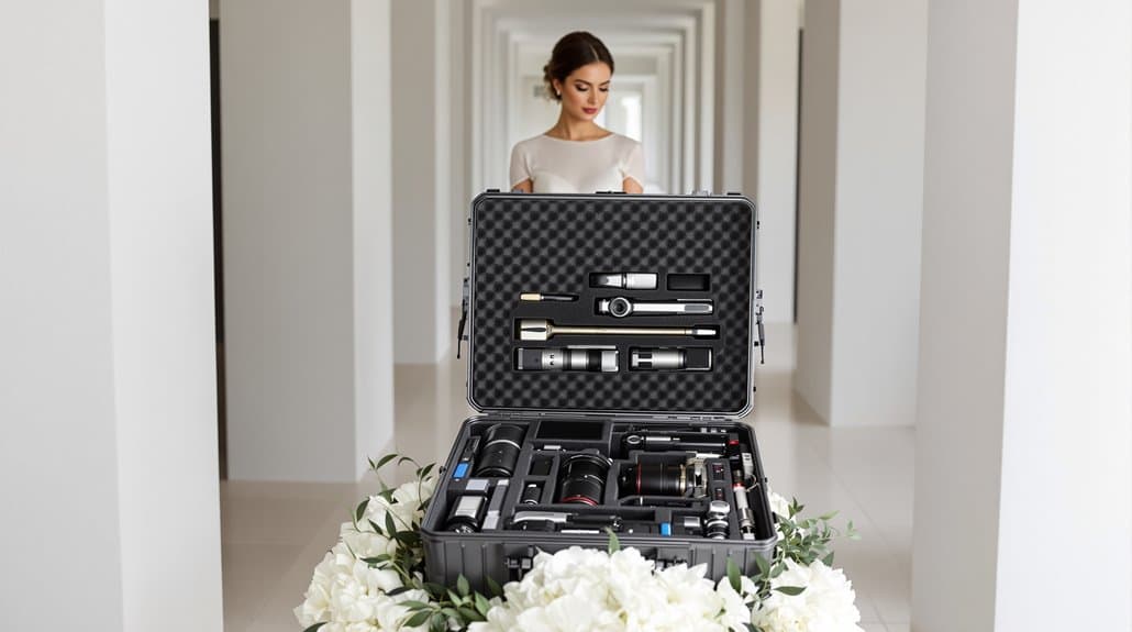 Bride getting makeup done with professional tools at her wedding preparation.