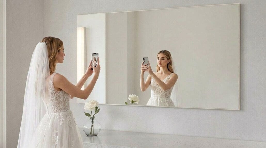 Woman taking a mirror selfie in a modern, elegant wedding-themed setting.