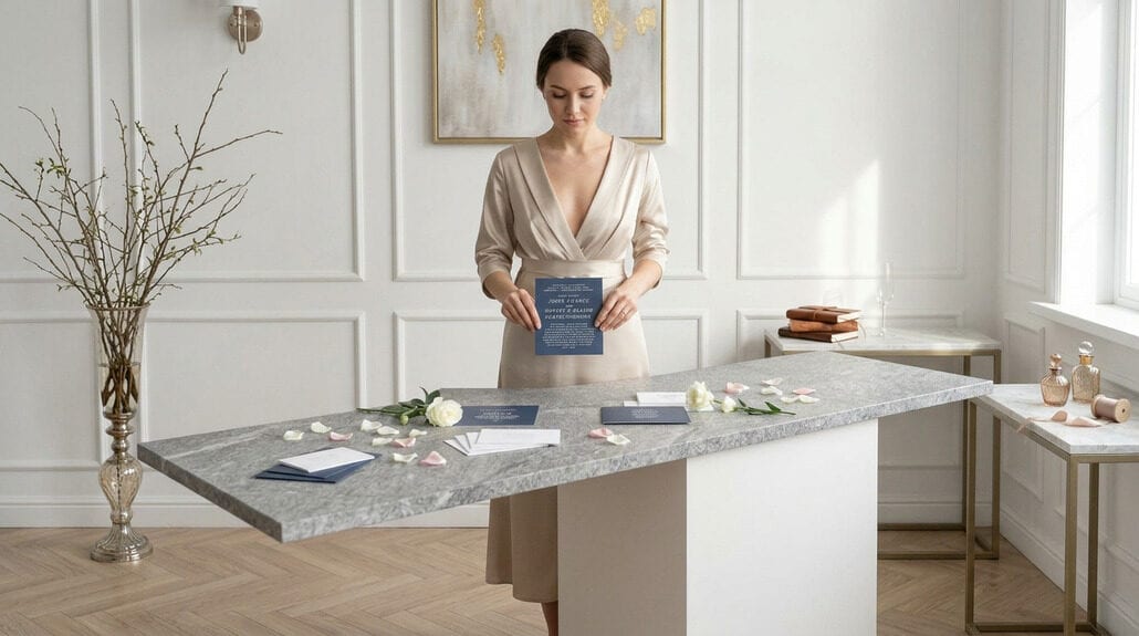 Elegant wedding invitation with navy blue and white accents on a marble table.