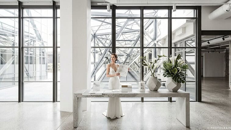 Bride in elegant wedding dress holding a magazine in modern industrial venue.