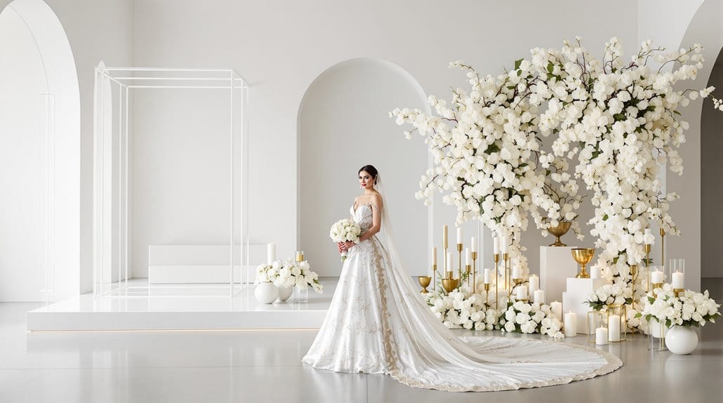 Bridal wedding dress with floral decor and elegant white background.