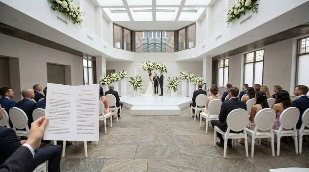 Wedding ceremony program held by bride and groom with floral decor in background.