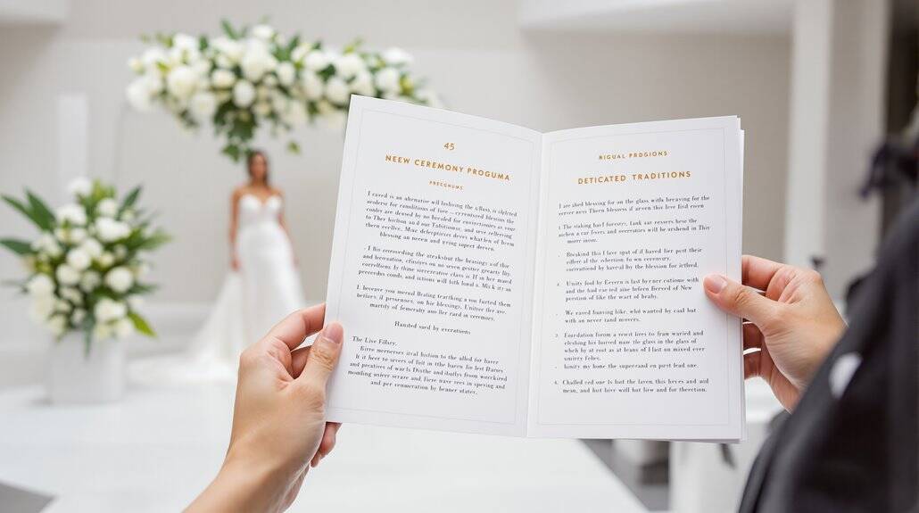 Wedding ceremony program held by bride and groom with floral decor in background.