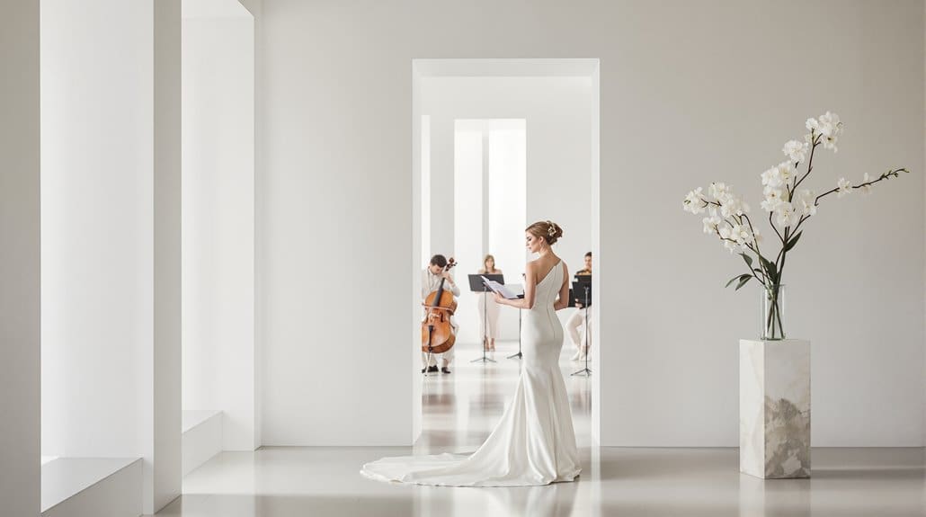 Bride in wedding dress with musicians in a modern, minimalist venue.