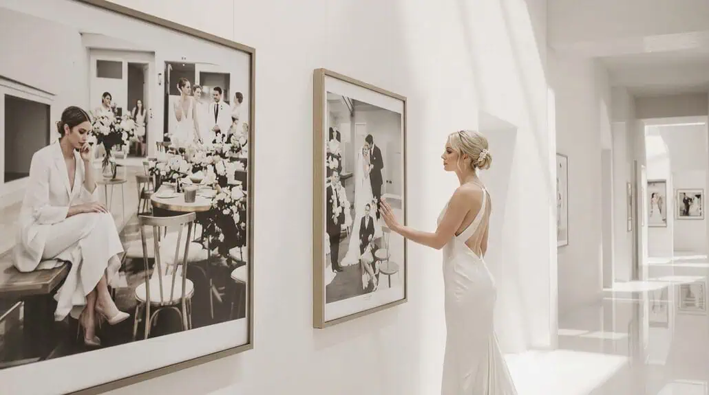 Bride viewing artwork at an elegant wedding-themed art gallery.