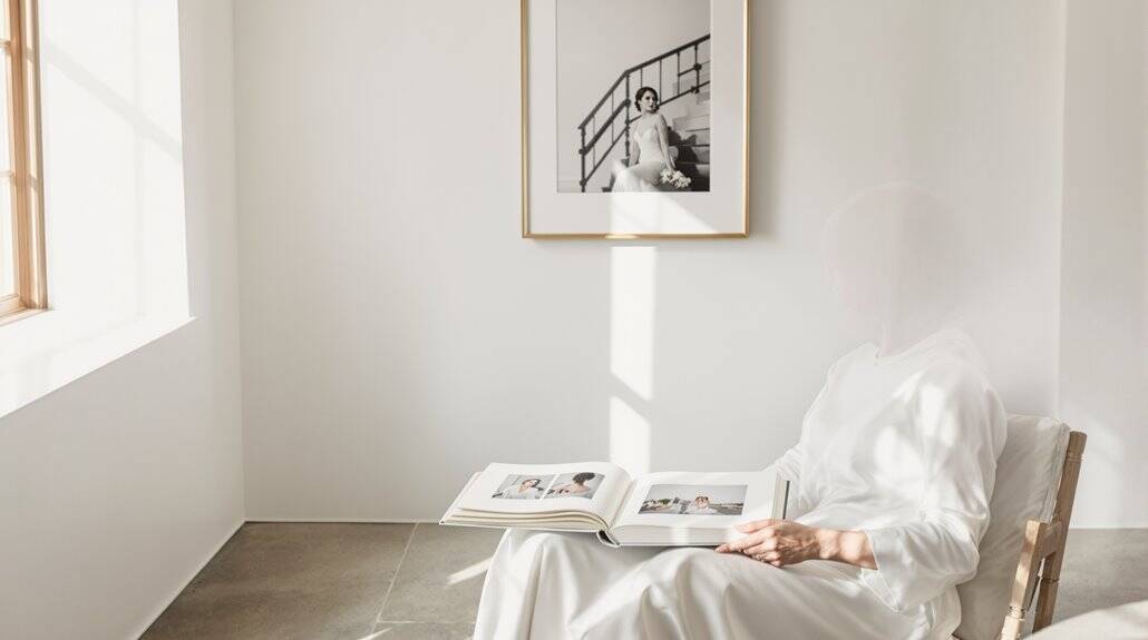 Bride reading wedding magazine in a bright, minimalist room with natural light and modern decor.