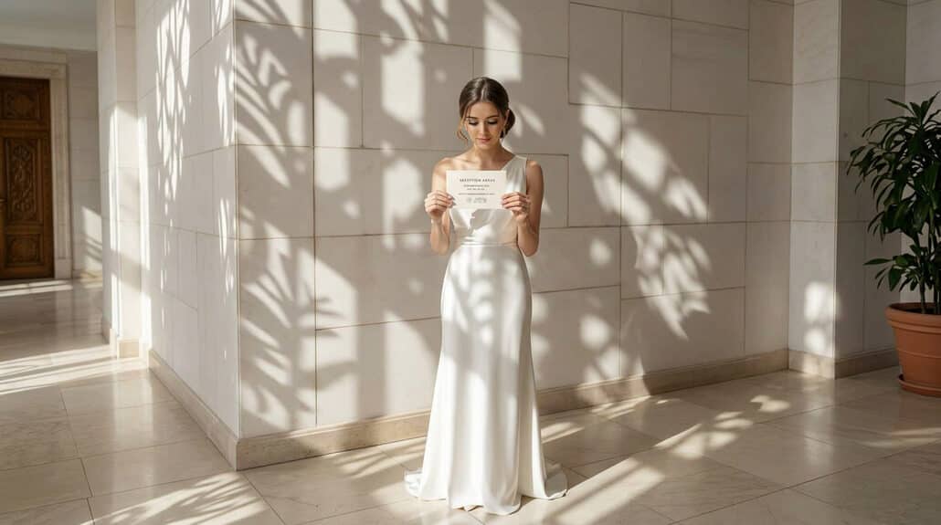 Bride holding wedding reception invitation, elegant and stylish design.