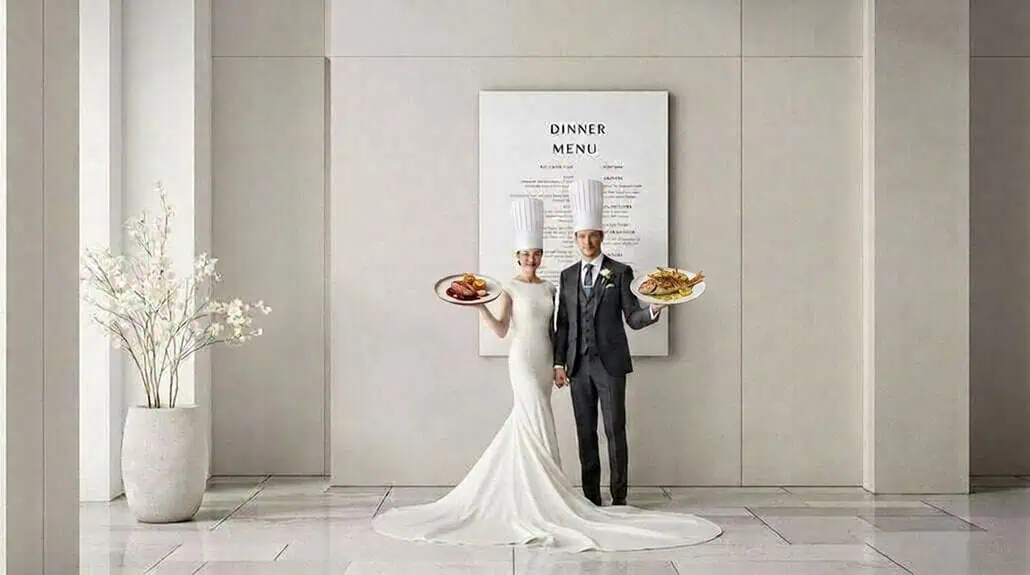 Elegant wedding bride in a white gown standing in front of a dinner menu board.