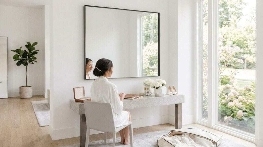 Bride looking at her reflection in a mirror before her wedding.