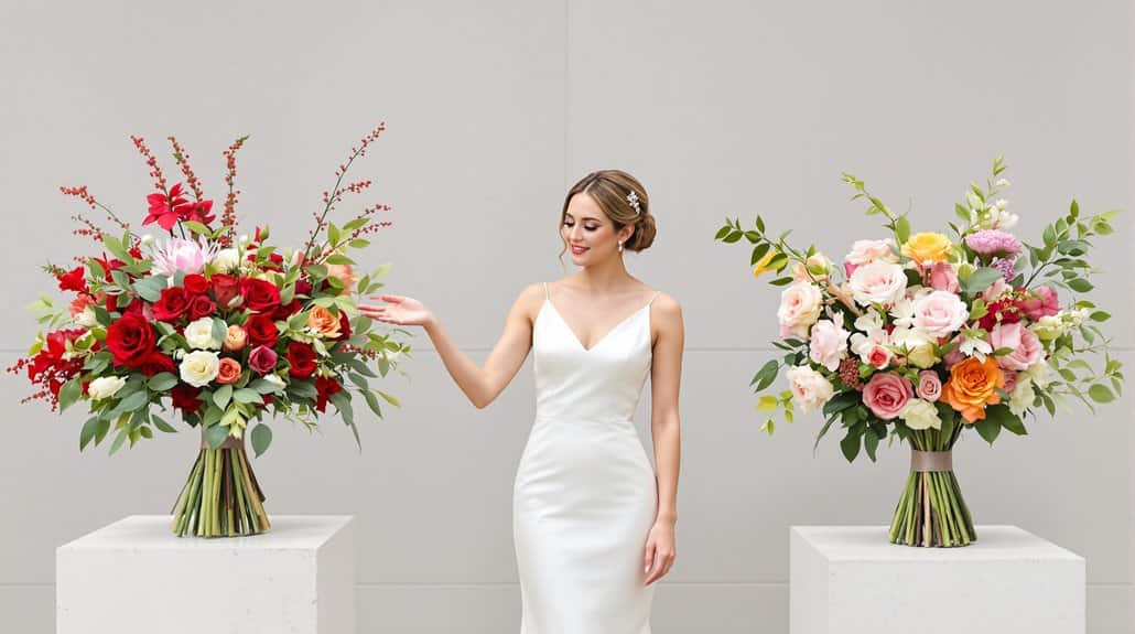 Beautiful wedding floral arrangements with roses and greenery for elegant wedding decor.