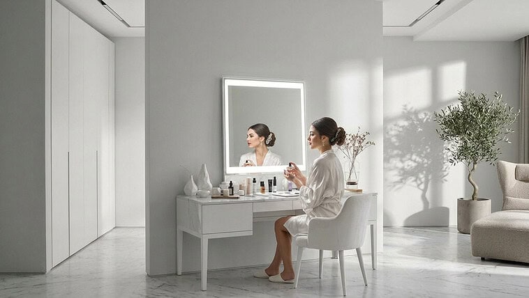 Bride applying makeup in front of a mirror at her wedding preparation.