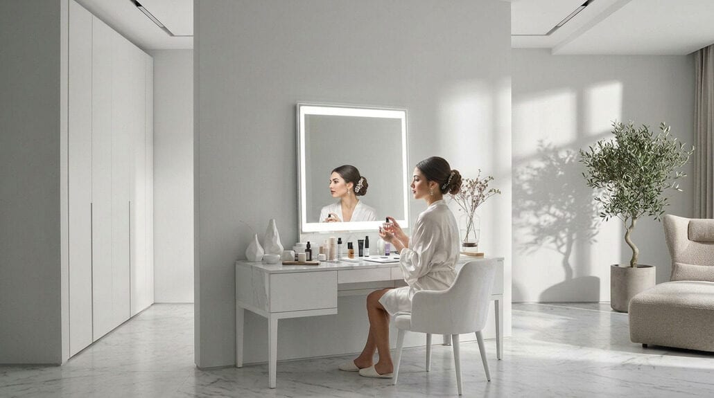 Bride applying makeup in front of a mirror at her wedding preparation.