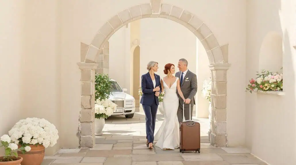 Bride and groom with a woman, walking through an archway at a wedding venue.