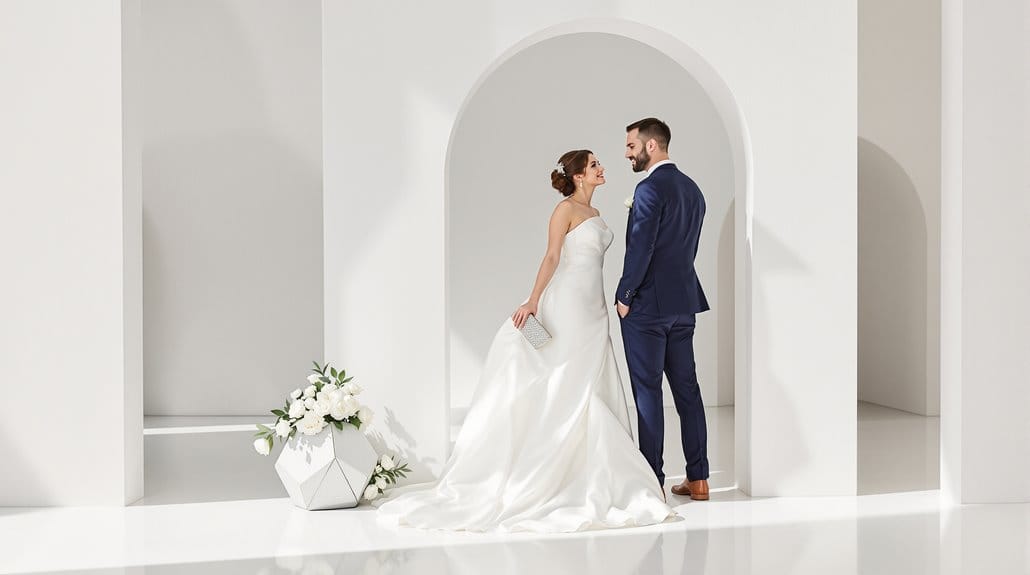 Elegant wedding couple standing in a minimalist white archway, showcasing their wedding attire.