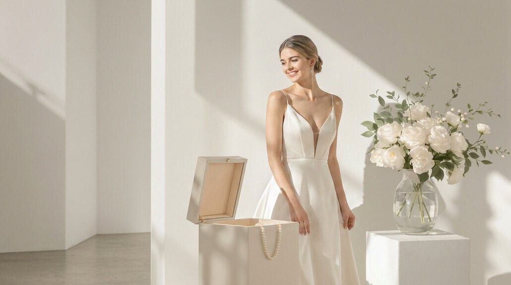 Elegant wedding dress on a model with a gift box and floral arrangement.