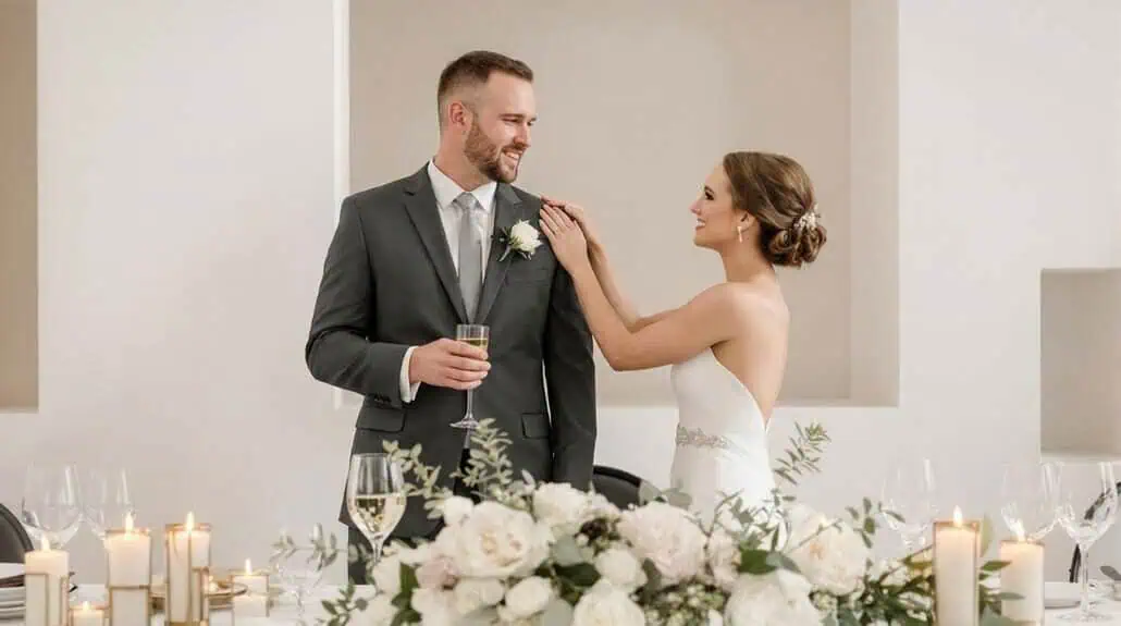 Elegant wedding couple sharing a toast at reception.