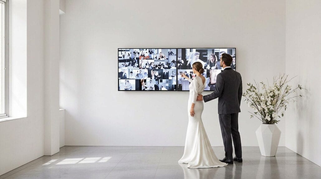 Bride in wedding dress viewing a video wall at an elegant wedding venue.
