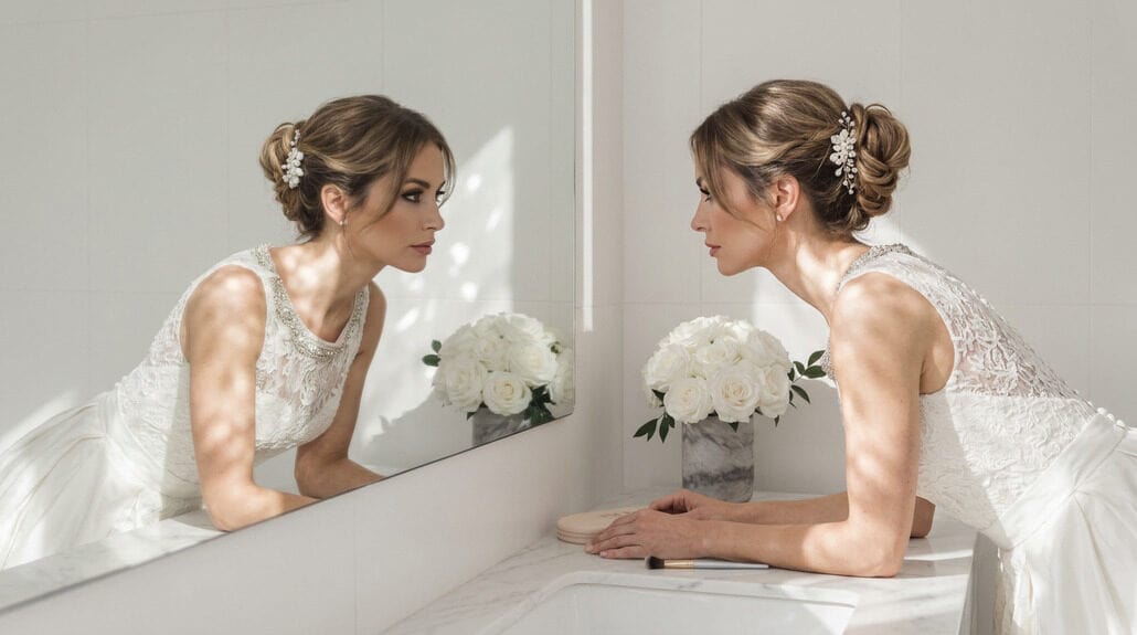 Bride preparing in front of mirror with white flowers in elegant wedding setting.