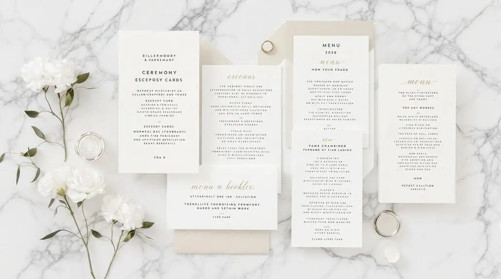 Elegant wedding invitation suite with minimalist design and floral accents.