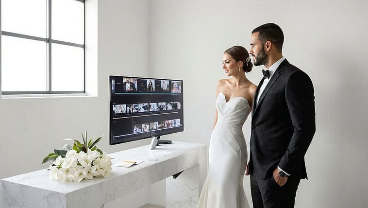 Bride and groom reviewing wedding video footage on a monitor.