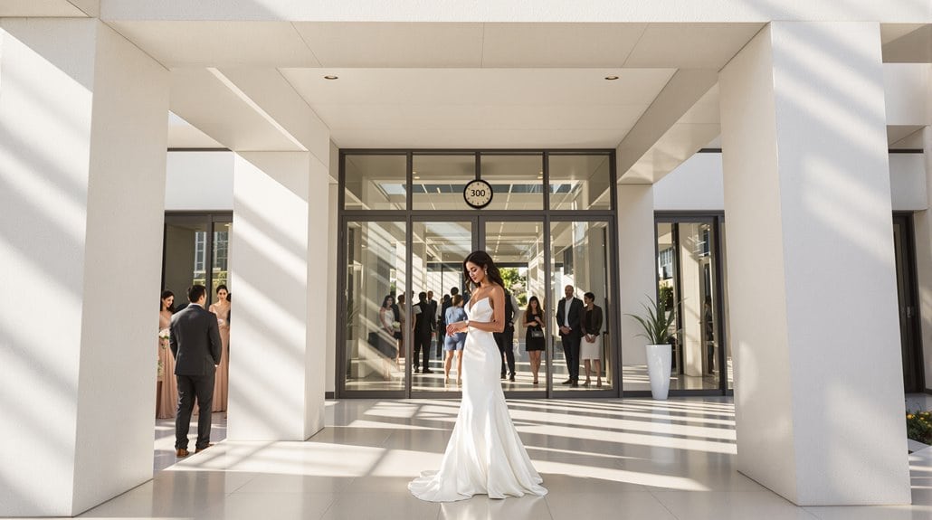Elegant wedding bride in a white gown at modern venue entrance.
