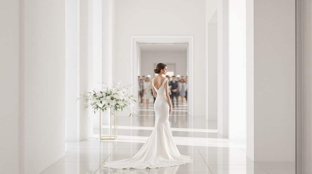 Elegant wedding bride in a sleek white gown in a modern, bright venue.