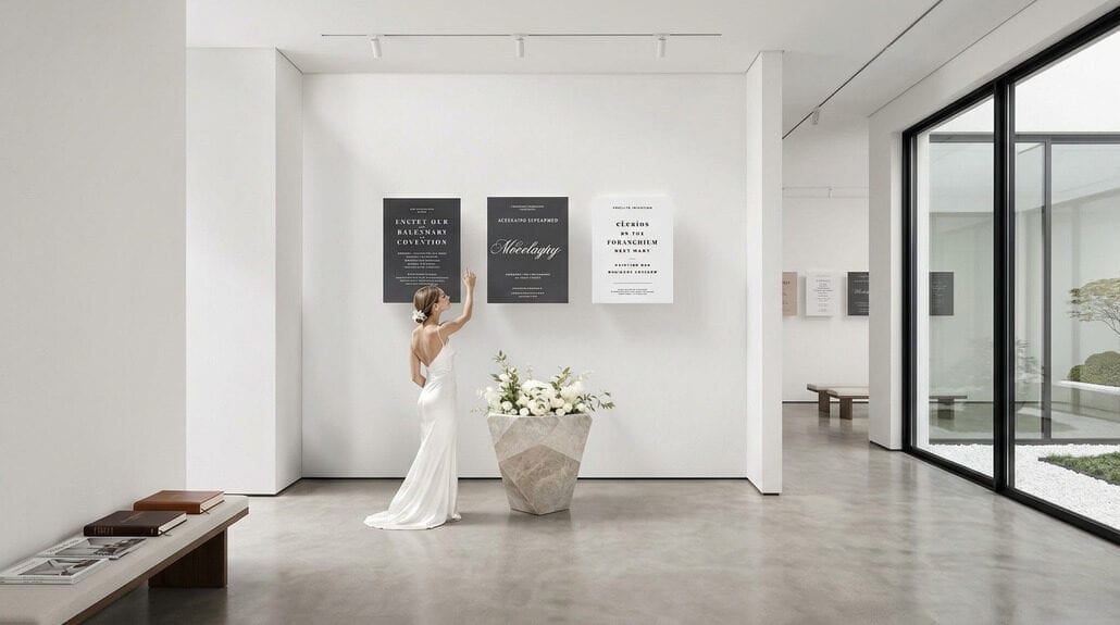 Bride pointing at wedding signs with floral arrangement in background.