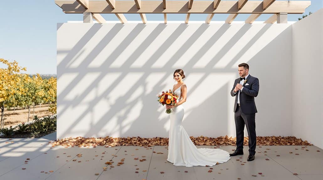 Elegant wedding couple standing outdoors with sunlight shadows.