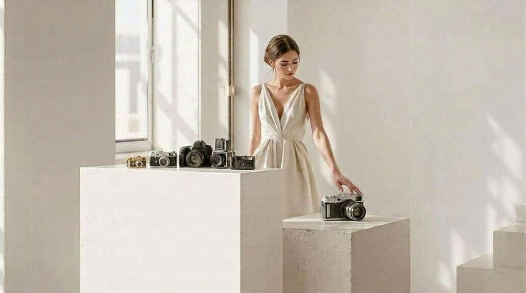 Elegant wedding bride with vintage camera in bright studio setting.