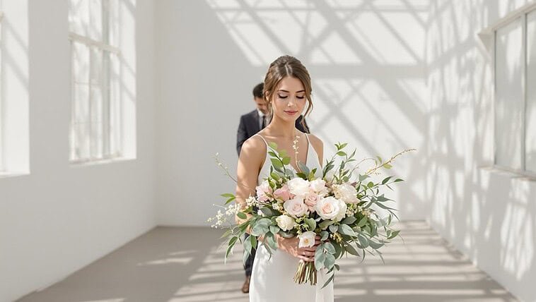 Bride holding a beautiful wedding bouquet in a bright, airy venue.