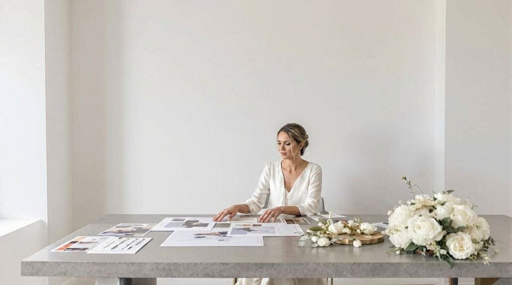 Bride reviewing wedding plans at a minimalist table with floral decor.