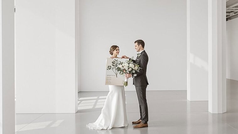 Bride and groom exchanging vows in a sleek, modern wedding venue with natural light.