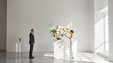Bride and groom exchanging vows with floral arrangements in a modern, minimalist venue.
