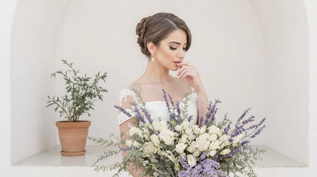Bridal bouquet with white and purple flowers, perfect for a wedding celebration.